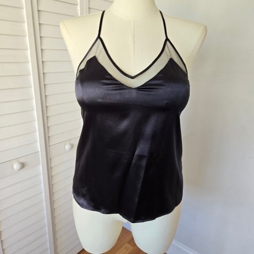 Black Satin Sheer Trim Cami Top Sze M Sexy Minimalist Clean Girl Wardrobe Staple - Picture 2 of 9